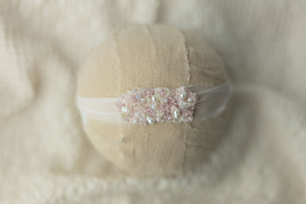 Pink - Very Pale Pink & Lace Beaded Headband